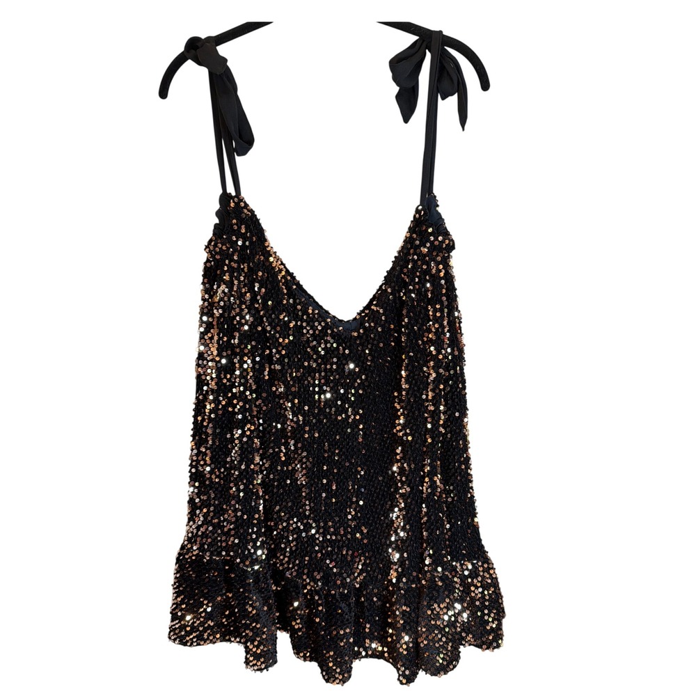 Free People Nova Sequin Tie Shoulder Camisole Top  Mini Dress Black Copper Small
